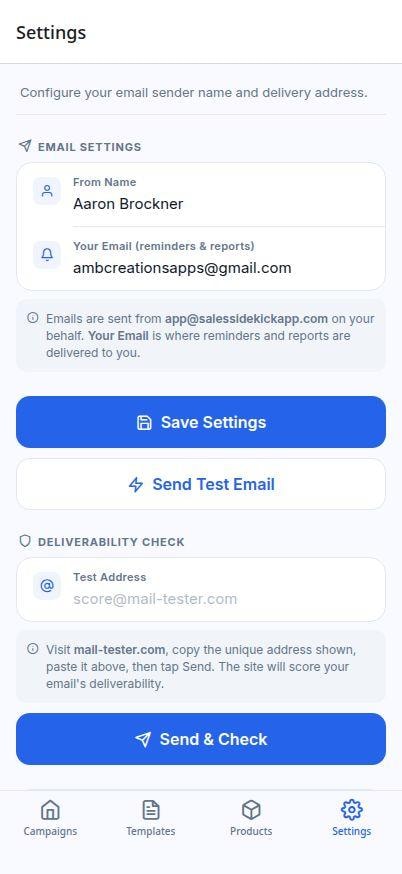 Sales Sidekick Settings screen showing Name and Notification Email fields