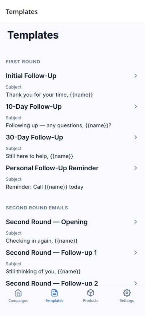 Sales Sidekick Templates screen showing First Round and Second Round email templates