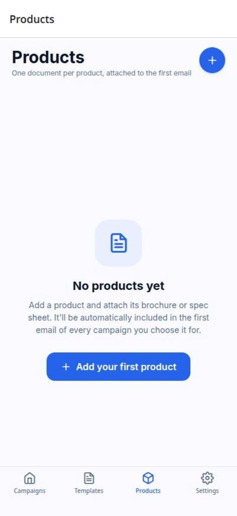 Sales Sidekick Products screen showing empty state with Add your first product button