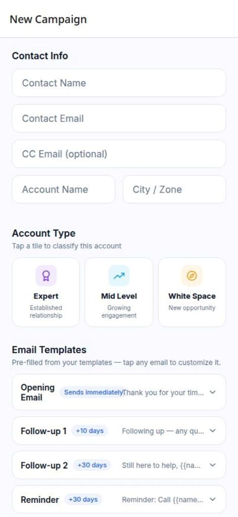 Sales Sidekick New Campaign screen showing Contact Info fields, Account Type tiles and Email Templates