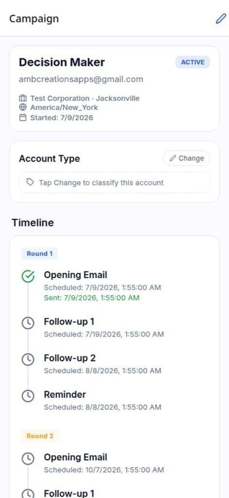 Sales Sidekick Campaign detail screen showing the full email timeline across Round 1 and Round 2